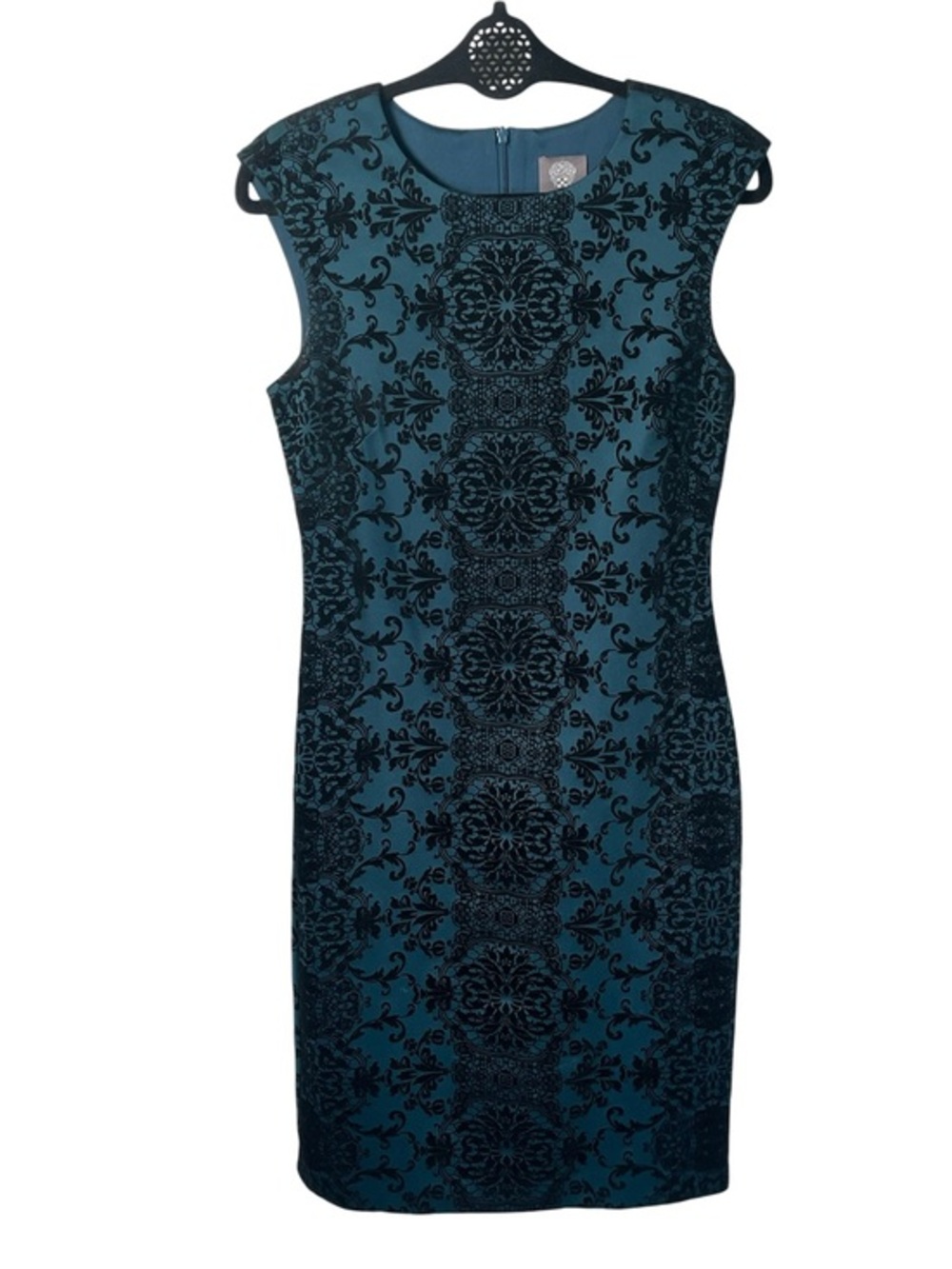 Vince Camuto Black and Emerald Green Velvet Sleeveless Midi Dress Size 6 EUC